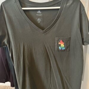 Black V-Neck T-Shirt with Rainbow Mickey Patch